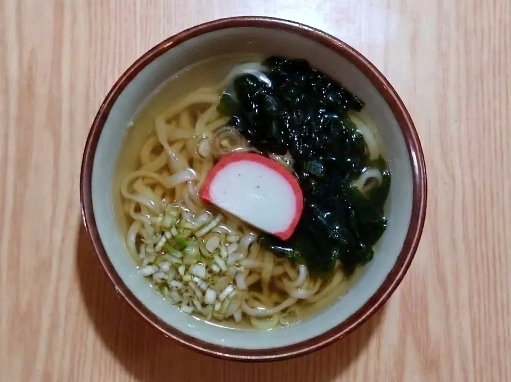 かけうどん。温かいつゆに麺、わかめ、ねぎ、蒲鉾